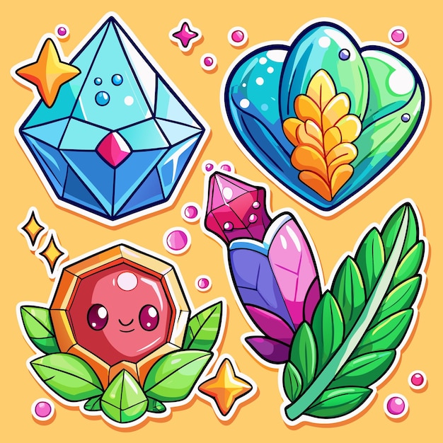 Vector colorful cartoon stickers with shiny gems a flower and a leaf