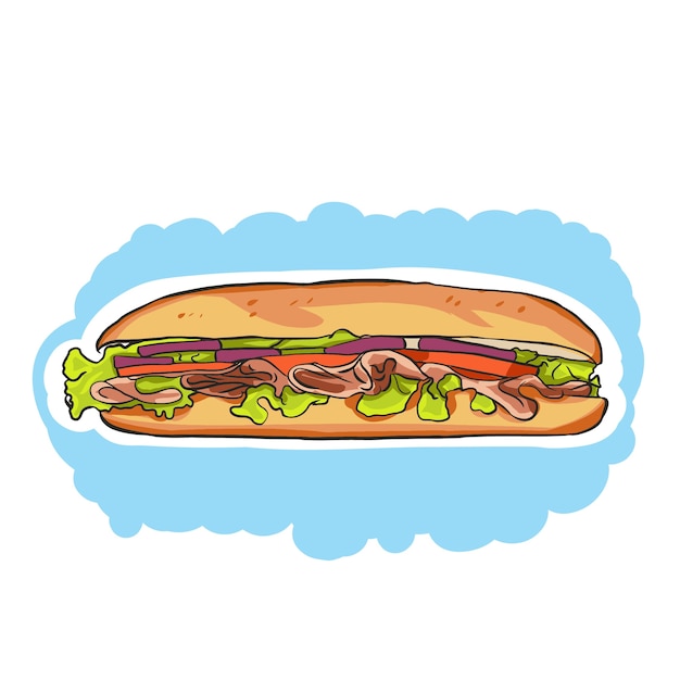 Vector a colorful cartoon sub sandwich with lettuce,tomato,meat,and cheese