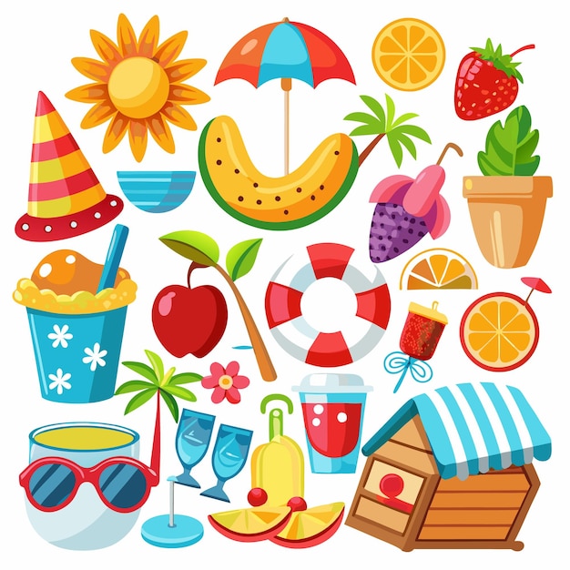 Vector colorful cartoon summer icons with fruit drinks and other summer items