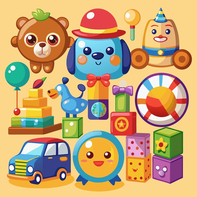 Vector colorful cartoon toys for children with cute faces