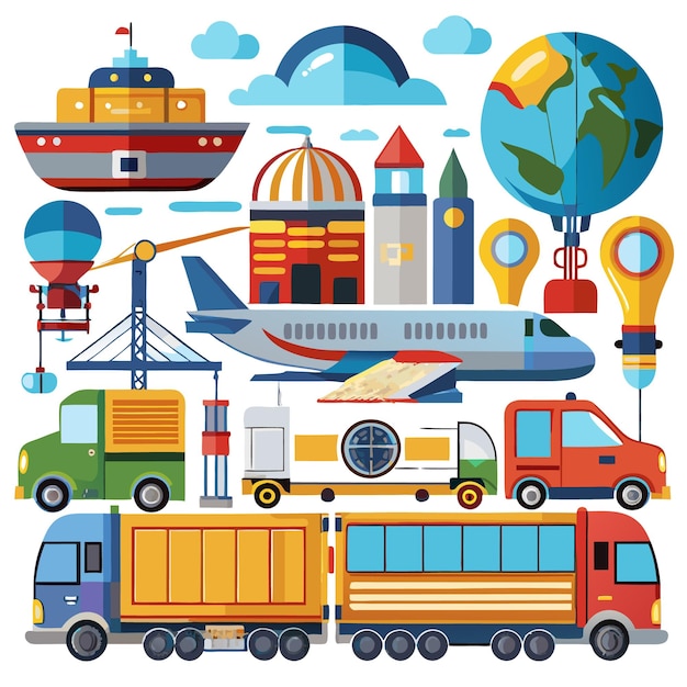 Colorful cartoon transportation icons including a plane truck ship and hot air balloon for web or mobile design