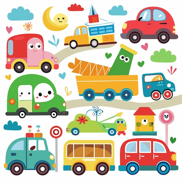 Vector colorful cartoon vehicles with happy faces