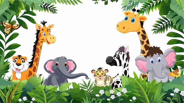 Colorful Cartoon Wild Animals in Lush Jungle Vector Illustration