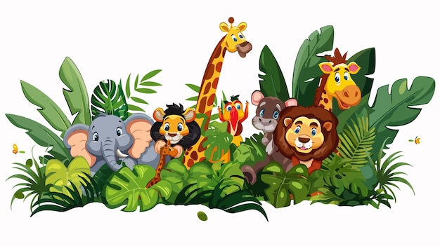 Vector colorful cartoon wild animals in lush jungle vector illustration