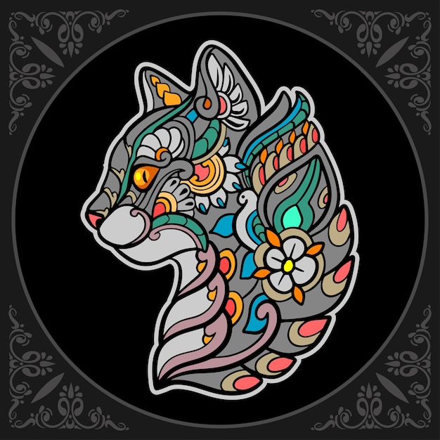 Colorful cat head mandala arts isolated on black background