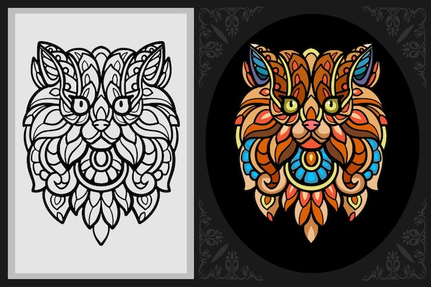 Colorful cat head zentangle art with black line sketch isolated on black and white background