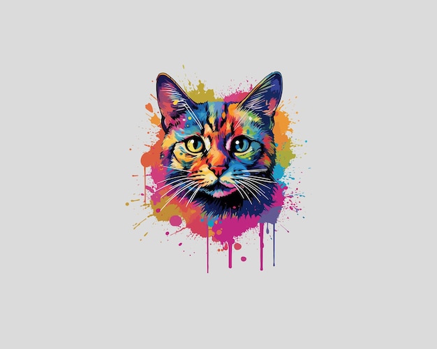 Colorful cat portrait with splashes on white background Vector illustration