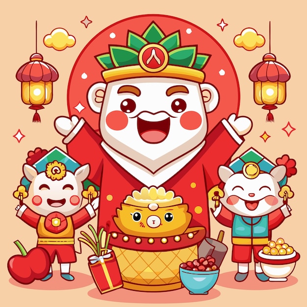 Vector colorful celebration of traditional asian festival with cute characters