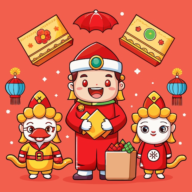 Colorful Celebration of Traditional Asian Festival with Cute Characters