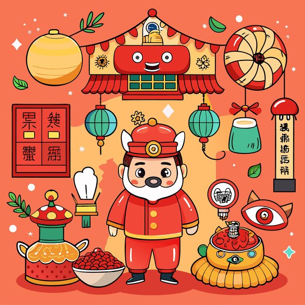 Colorful Celebration of Traditional Asian Festival with Cute Characters