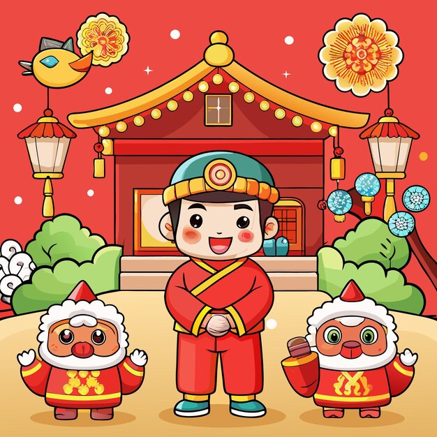 Vector colorful celebration of traditional asian festival with cute characters