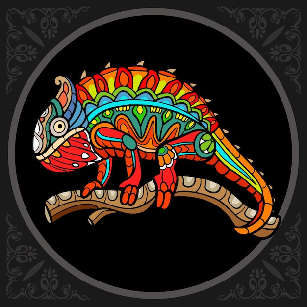 Colorful chameleon zentangle arts isolated on black background