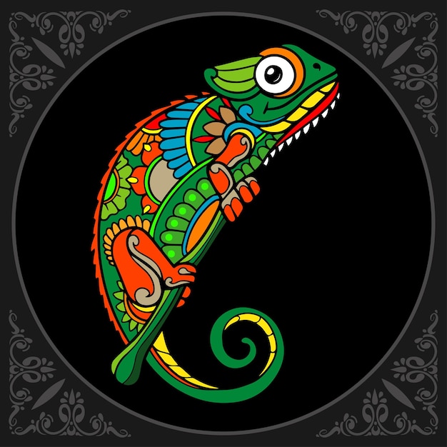 Colorful Chameleon zentangle arts isolated on black background