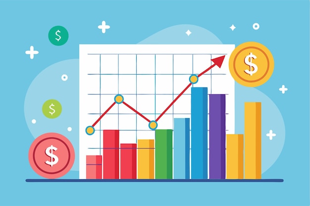 A colorful chart illustrates the current market performance of the dollar showcasing its trends and fluctuations Check the price of the dollar in the market flat illustration