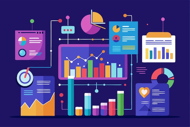 Vector colorful charts and graphs illustrate customizable data analysis with various design elements effectively customizable data illustration