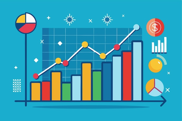 Colorful charts and graphs illustrate increasing business income trends and financial performance metrics Business income analysis is trending and remains flat