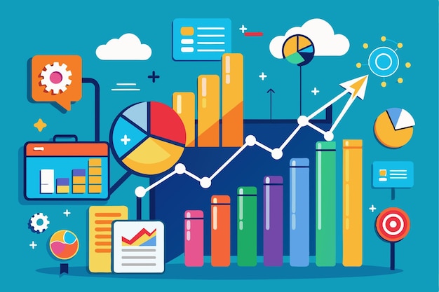 Colorful charts and graphs showcase data trends within a creative workspace environment emphasizing analysis and insights on a vibrant background