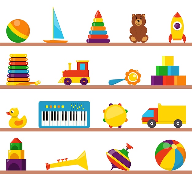 Colorful children toys on wooden shelves Cubes whirligig duck ball rattle truck pyramid pipe bear ball rocket tambourine boat accordion train drum Flat style vector