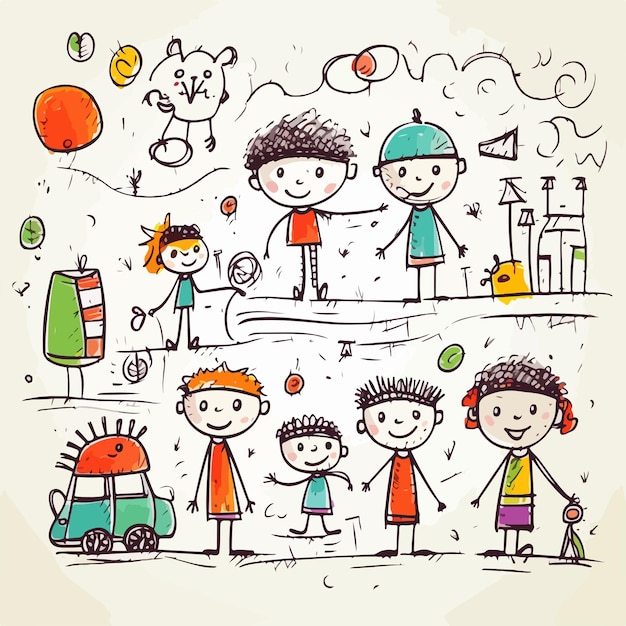 Vector colorful childrens doodle drawing on paper illustration