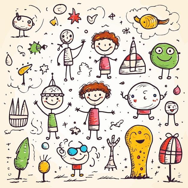 Vector colorful childrens doodle drawing on paper illustration