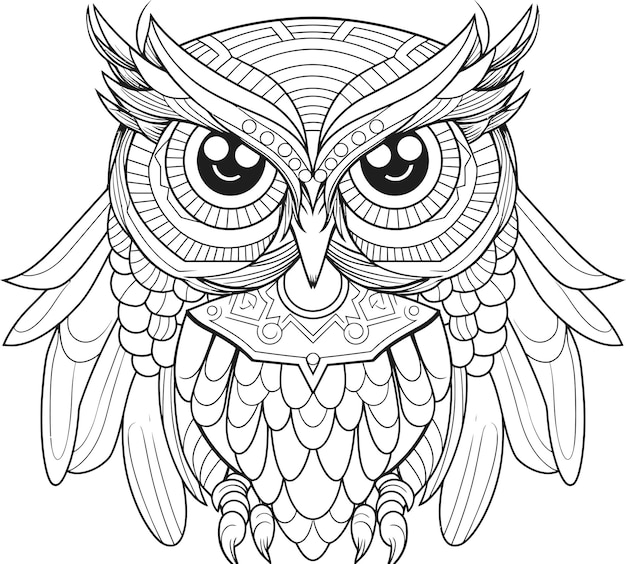 Colorful childrens owl in cartoon style Black and white vector illustration for coloring books