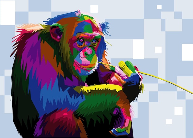 Colorful chimpanzee ape in pop art style isolated on geometry background