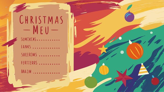 Colorful Christmas menu and a festive plate of holiday food on a vibrant backdrop with a spoon beside it inviting warmth and celebration during the holiday season