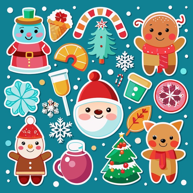 Colorful Christmas Stickers with Santa Snowman and Gingerbread