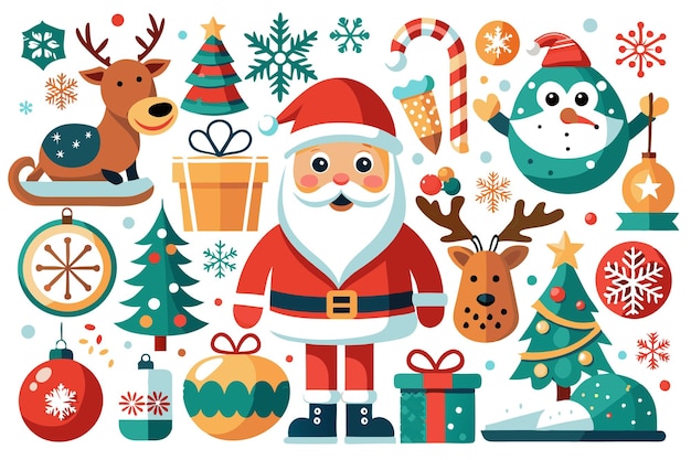 Colorful Christmasthemed illustration featuring Santa reindeer and festive elements