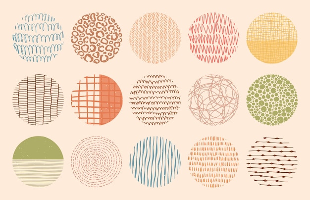 colorful circle textures made with ink, pencil, brush. Geometric doodle shapes of spots, dots, strokes, stripes, lines. Set of hand drawn patterns. T