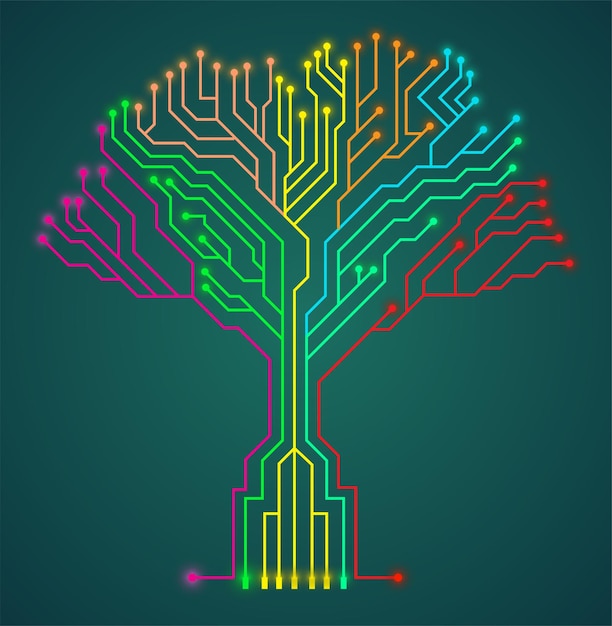 Colorful circuit board symbol tree shape technology concept vector illustration isolated on gradient