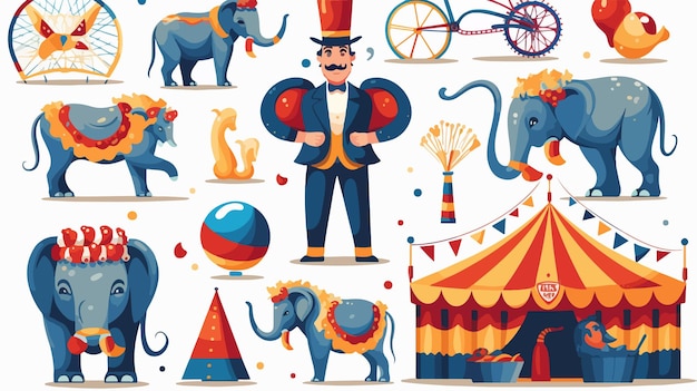 Vector colorful circus vector icons set with elephant performers for adobe stock photos