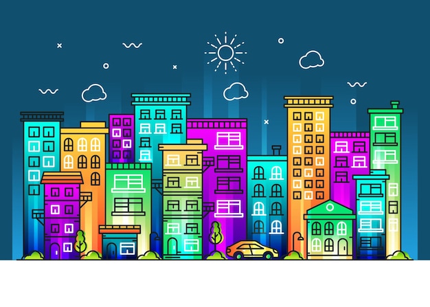 Colorful city illustration design in line style