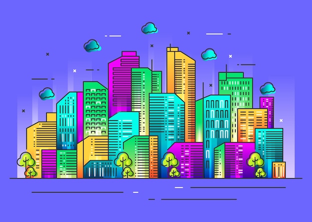 Colorful city illustration in line style concept