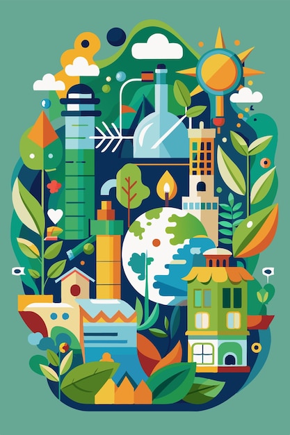 A colorful city illustration surrounded by trees and buildings