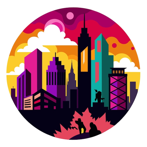 Vector a colorful city skyline with a colorful background and a cityscape in the background