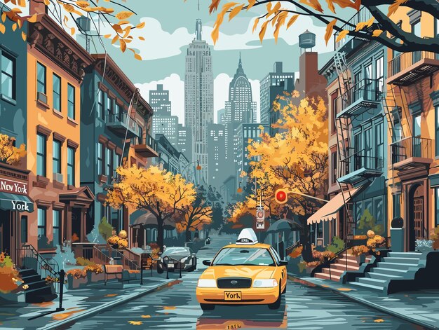 A colorful cityscape of New York with a yellow taxi cab driving down a street