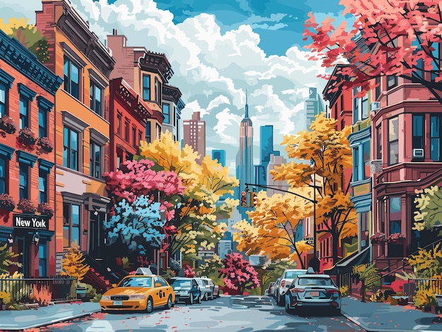 A colorful cityscape of New York with a yellow taxi cab driving down a street