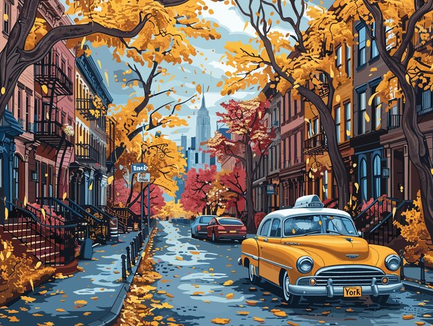 A colorful cityscape of New York with a yellow taxi cab driving down a street