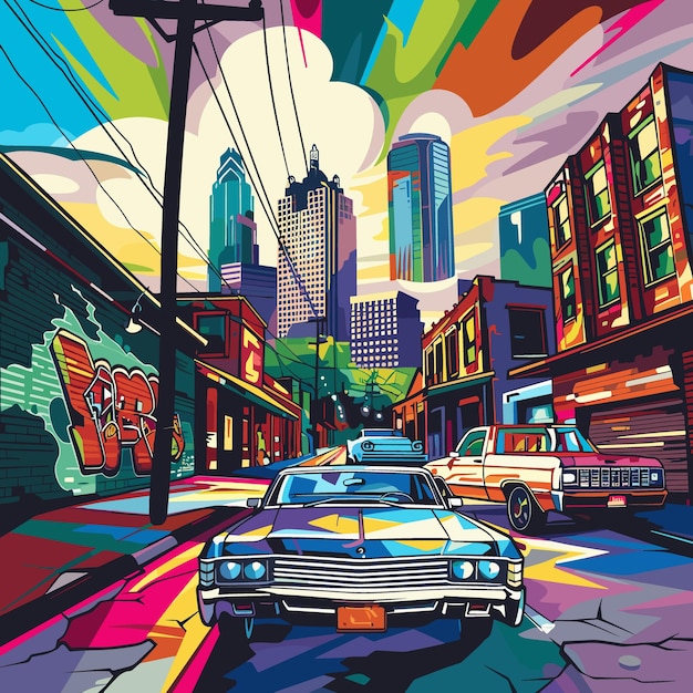 A colorful cityscape with a car driving down the street