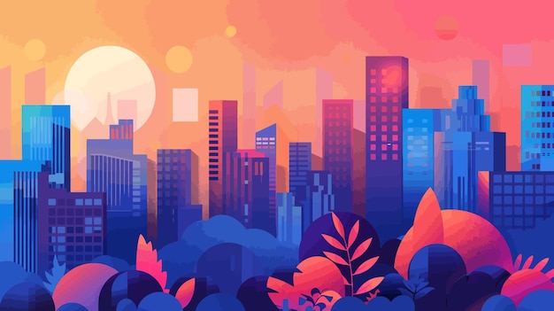 Vector a colorful cityscape with a full moon and a city in the background