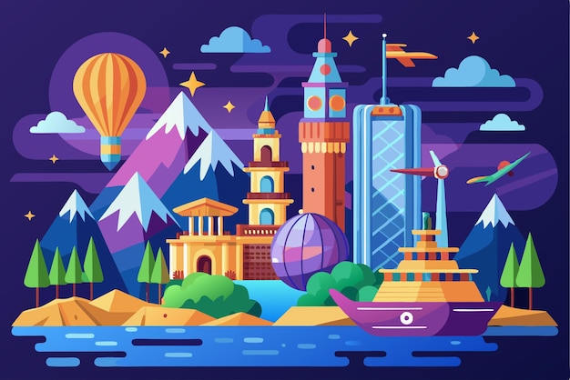 Colorful Cityscape with Mountains Hot Air Balloon and Boat