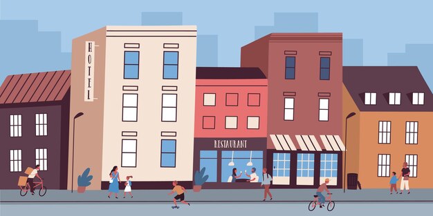 Vector colorful cityscape with restaurant and hotel buildings. people walking on town street. downtown urban area with commercial and residential architecture. vector illustration in flat cartoon style.