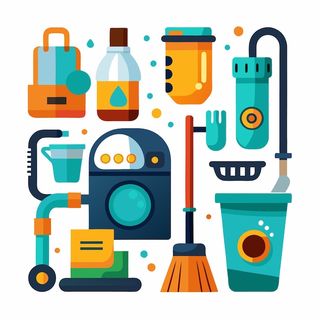 Colorful cleaning supplies and equipment set