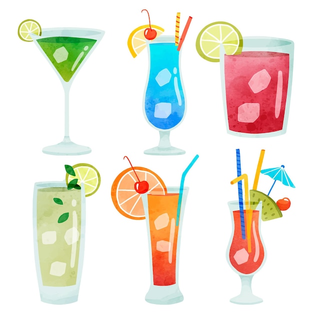 Colorful cocktail drinks with various shaped glasses illustration set