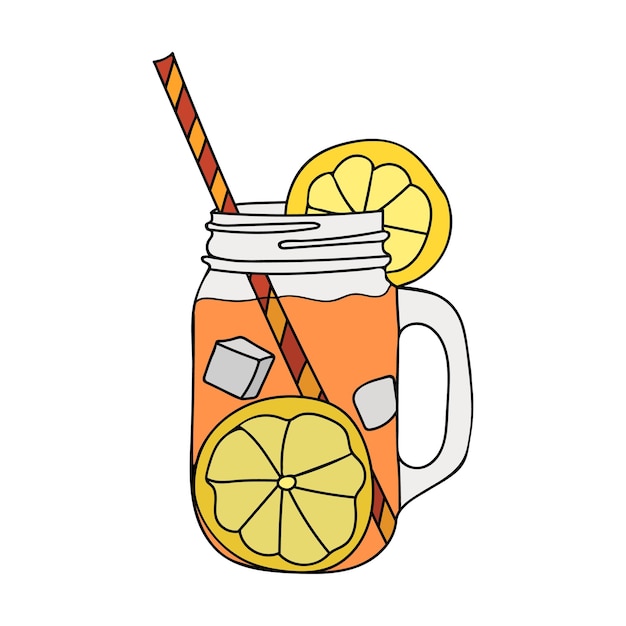 Colorful cold tea with lemon and ice Colorful doodle illustration of cold drink in glass with lemon slices and ice