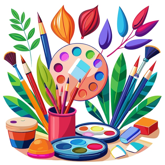 Vector a colorful collection of art supplies including paintbrushes pencils paint palettes and erasers surrounded by leaves