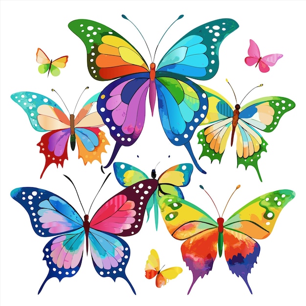 a colorful collection of butterflies with different colors