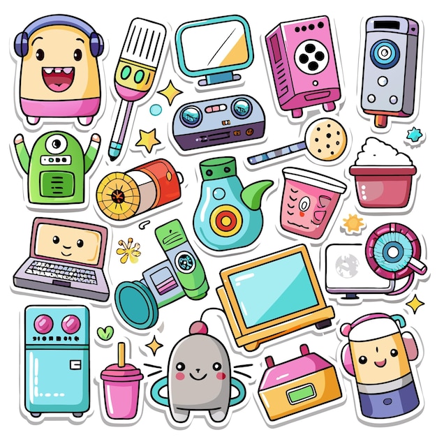 A colorful collection of cute cartoonish gadgets and appliances