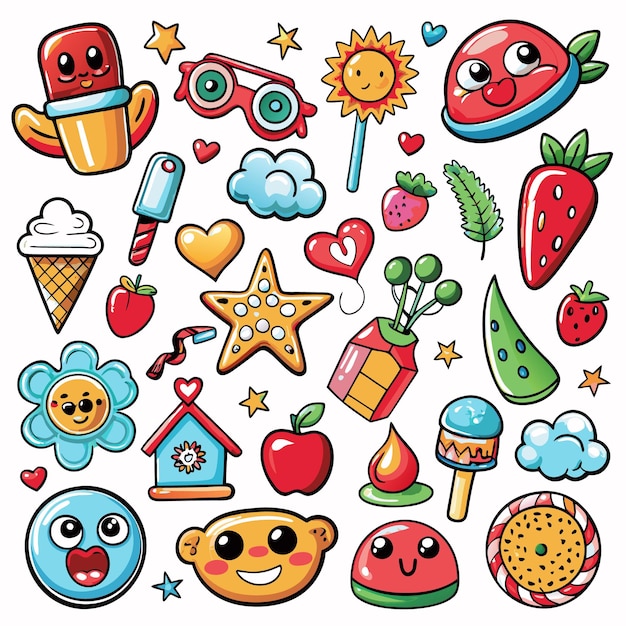 A colorful collection of cute cartoonish icons featuring food nature and playful elements